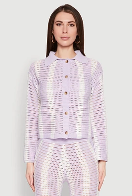 Womens Daisy Striped Pointelle Crochet Shirt, Purple,