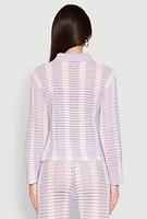 Womens Daisy Striped Pointelle Crochet Shirt, Purple,