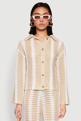 Womens Daisy Striped Pointelle Crochet Shirt,