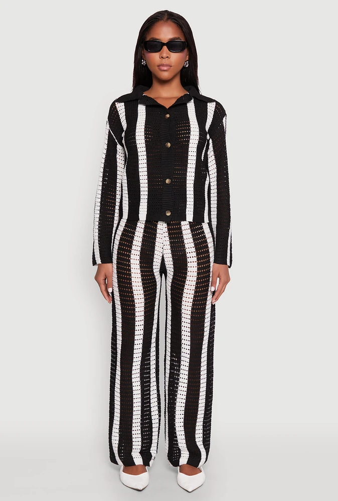Womens Daisy Striped Pointelle Crochet Pants,