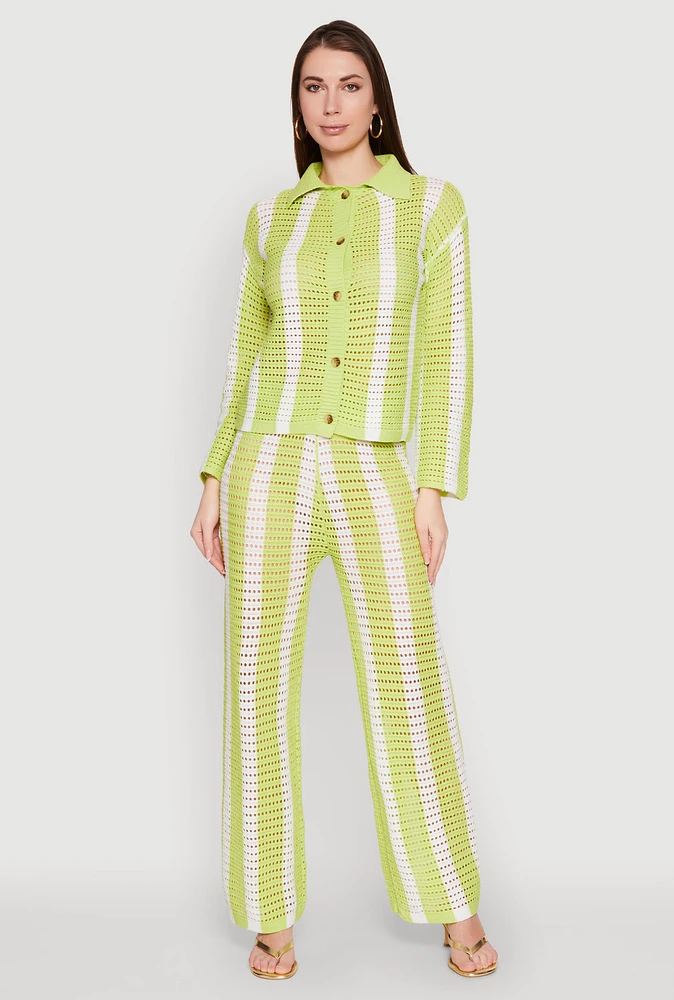 Womens Daisy Striped Pointelle Crochet Pants, M