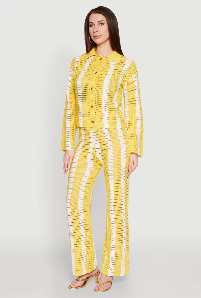 Womens Daisy Striped Pointelle Crochet Pants, Yellow, Size S