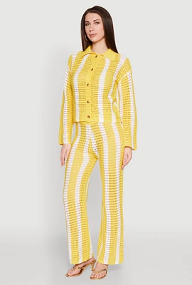Womens Daisy Striped Pointelle Crochet Pants, Yellow, Size S