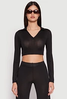 Womens Daisy Long Sleeve Cropped Polo Shirt, Black, Size L