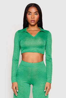 Womens Daisy Long Sleeve Cropped Polo Shirt, Green, Size L