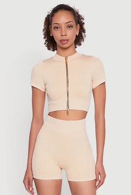 Womens Daisy Seamless Double Zip Front Crop Top,