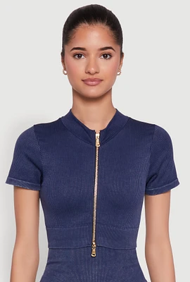 Womens Daisy Seamless Double Zip Front Crop Top,