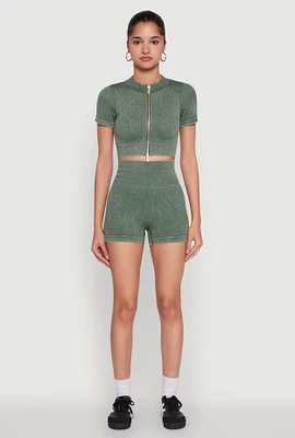 Womens High Waisted Mineral Wash Seamless Bike Shorts, Green, Size S