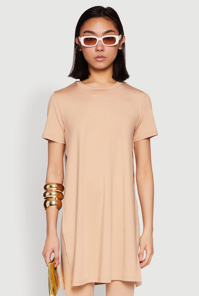 Womens Daisy Side Slit Crew Neck Tunic Top,