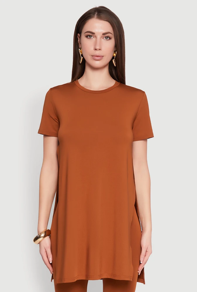 Womens Daisy Side Slit Crew Neck Tunic Top, Brown, Size M