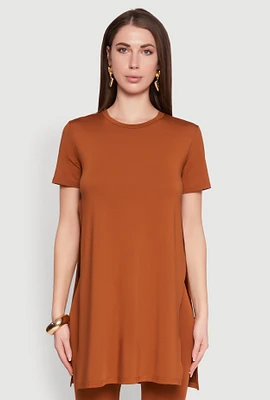 Womens Daisy Side Slit Crew Neck Tunic Top, Brown, Size M