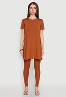 Womens Daisy Side Slit Crew Neck Tunic Top, Brown, Size M