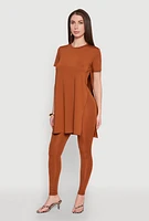 Womens Daisy Side Slit Crew Neck Tunic Top, Brown, Size M
