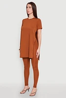 Womens Daisy Side Slit Crew Neck Tunic Top, Brown, Size M