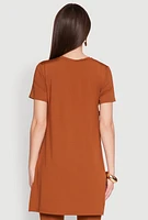 Womens Daisy Side Slit Crew Neck Tunic Top, Brown, Size M
