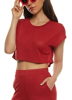 Womens Daisy Brushed Knit Short Sleeve Crop Top, Red, Size S