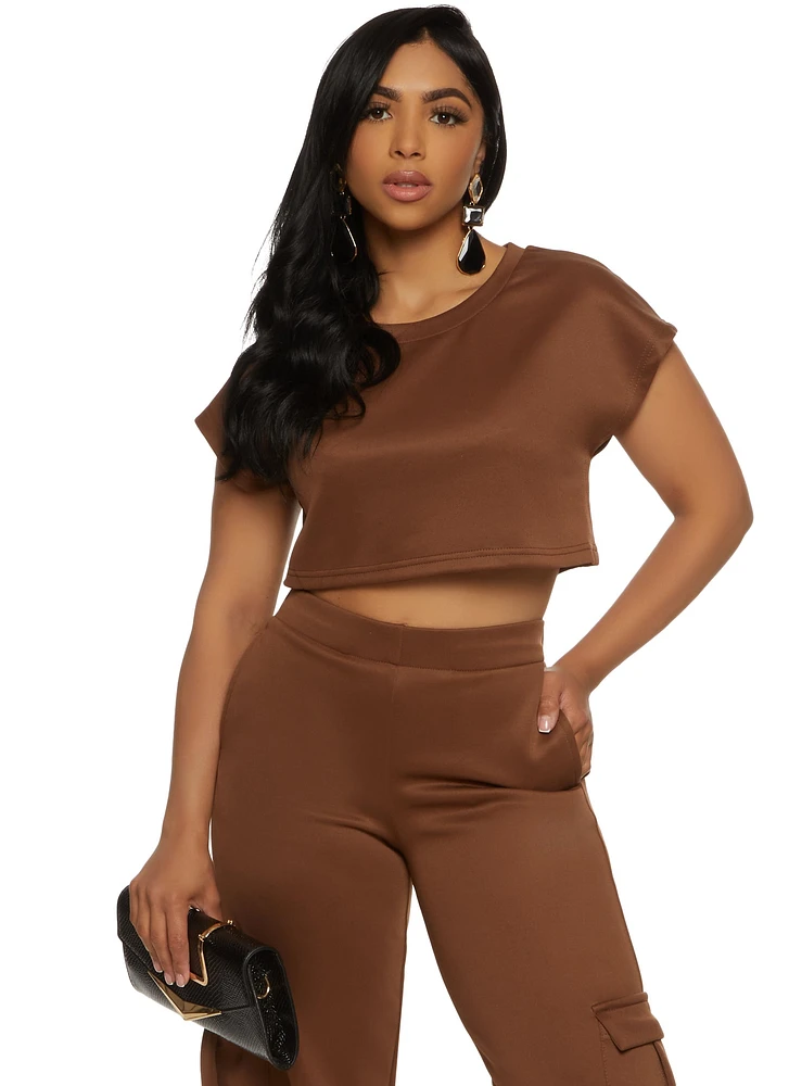 Womens Daisy Scuba Crew Neck Crop Top, Brown, Size S
