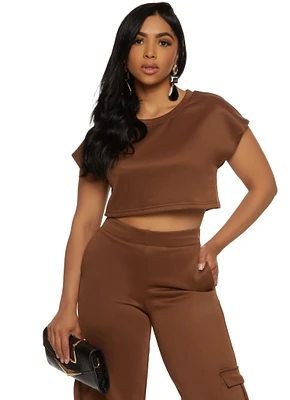 Womens Daisy Scuba Crew Neck Crop Top, Brown, Size S
