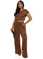 Womens Daisy Scuba Crew Neck Crop Top, Brown, Size S