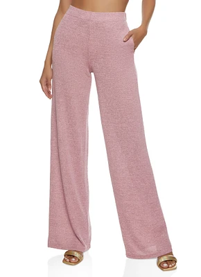 Womens Daisy Solid Brushed Knit High Waisted Wide Leg Pants, Pink, Size S