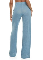 Womens Daisy Solid Brushed Knit High Waisted Wide Leg Pants, Blue, Size M