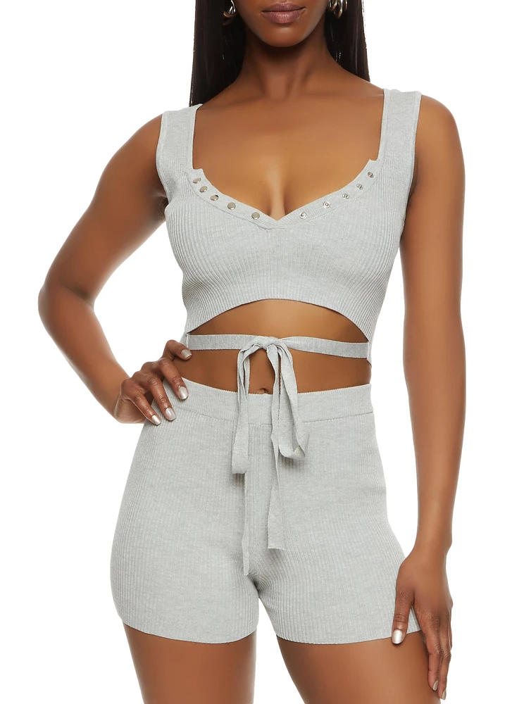 Womens Ribbed Snap Button Detail Tie Front Tank Top, Grey,