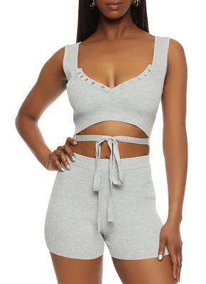 Womens Ribbed Snap Button Detail Tie Front Tank Top, Grey,