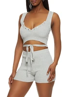 Womens Ribbed Snap Button Detail Tie Front Tank Top, Grey,