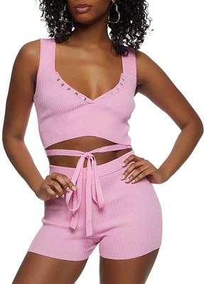 Womens Ribbed Snap Button Detail Tie Front Tank Top,