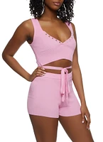 Womens Ribbed Snap Button Detail Tie Front Tank Top,