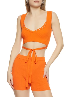Womens Ribbed Snap Button Detail Tie Front Tank Top, Orange, Size M