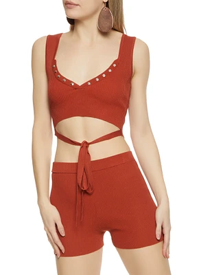 Womens Ribbed Snap Button Detail Tie Front Tank Top,