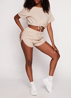 Womens Daisy Crew Neck Drawstring Hem Tee, Beige, Size S