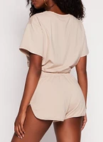 Womens Daisy Crew Neck Drawstring Hem Tee, Beige, Size S