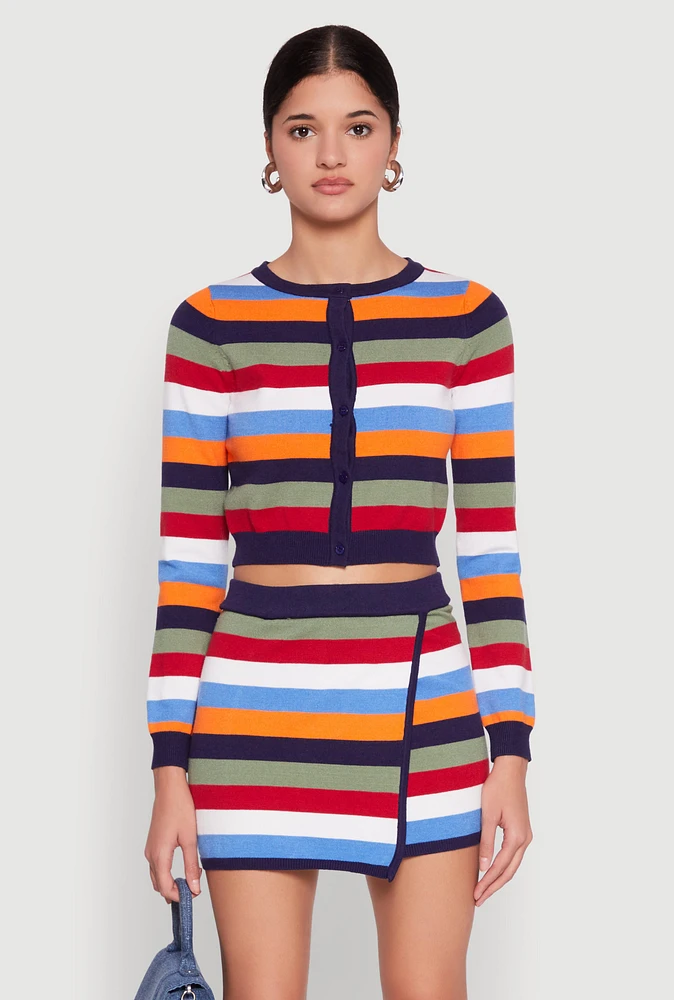 Womens Daisy Striped Button Front Cropped Cardigan, Multi, Size L