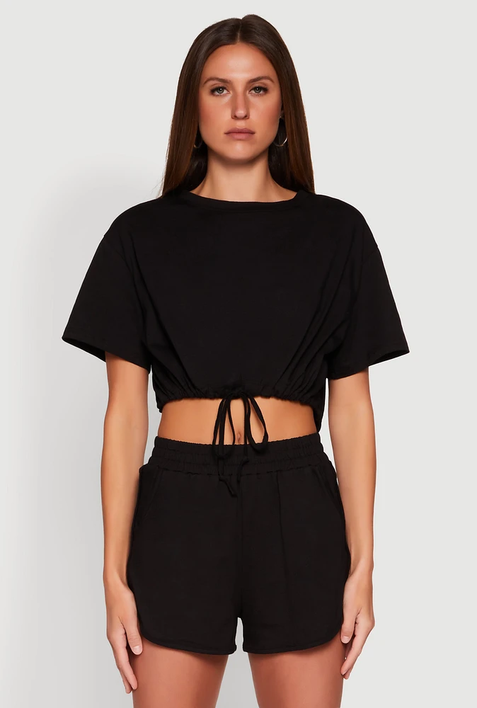 Womens Daisy Short Sleeve Drawstring Hem Crop Top,