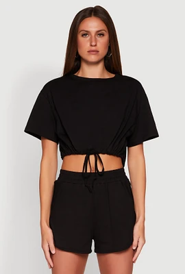 Womens Daisy Short Sleeve Drawstring Hem Crop Top,