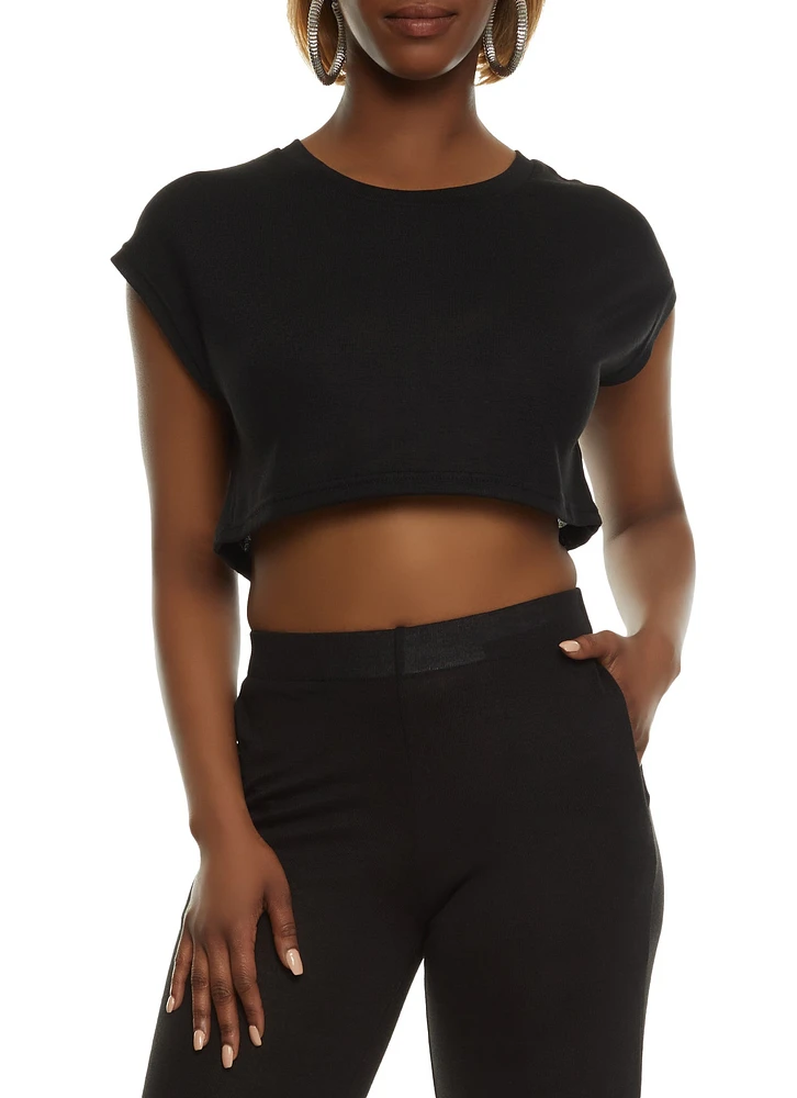 Womens Daisy Brushed Knit Cap Sleeve Crop Top,
