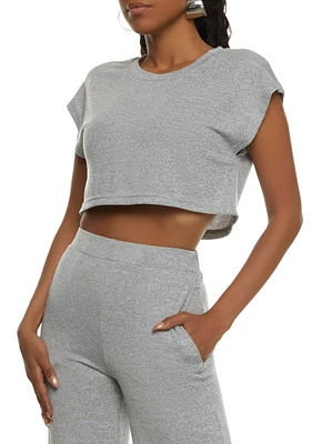 Womens Daisy Brushed Knit Cap Sleeve Crop Top,