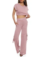 Womens Daisy Brushed Knit Cap Sleeve Crop Top, Pink, Size S