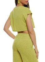 Womens Daisy Brushed Knit Cap Sleeve Crop Top, Yellow, Size M