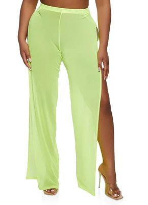 Womens Daisy Mesh Open Side Wide Leg Pants, Green, Size S