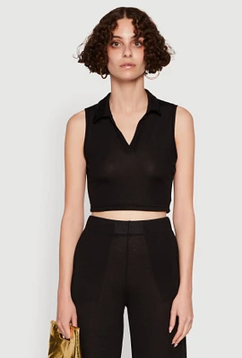 Womens Daisy Sleeveless Collared Crop Top,