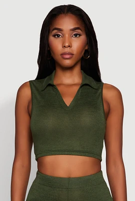 Womens Daisy Sleeveless Collared Crop Top,