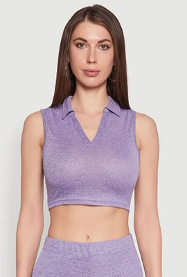 Womens Daisy Sleeveless Collared Crop Top, Purple, Size M