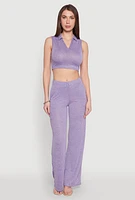 Womens Daisy Sleeveless Collared Crop Top, Purple, Size M