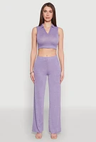 Womens Daisy Sleeveless Collared Crop Top, Purple, Size M