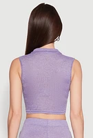 Womens Daisy Sleeveless Collared Crop Top, Purple, Size M