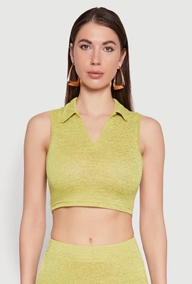 Womens Daisy Sleeveless Collared Crop Top, Yellow, Size S