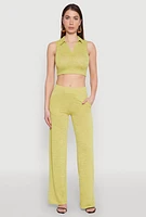 Womens Daisy Sleeveless Collared Crop Top, Yellow, Size S